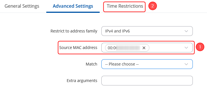 Firewall traffic rule to block host MAC on certain times configuration