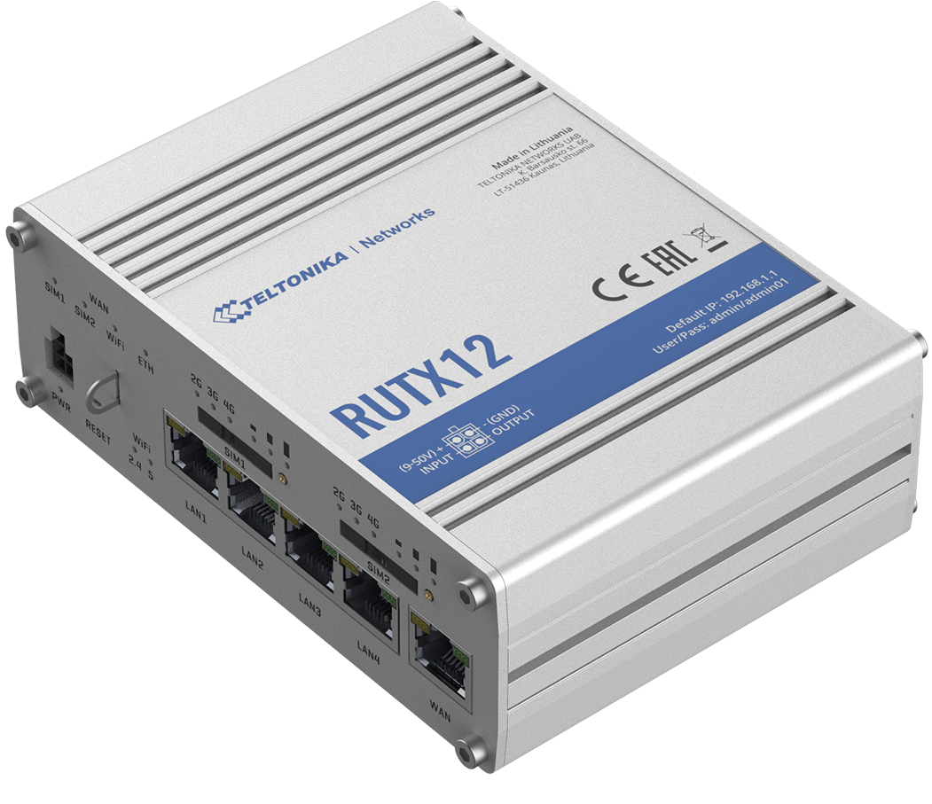 RUTX12 - Industrial Cellular Router. Mobile 2 X 4G/LTE (Cat 6), 3G