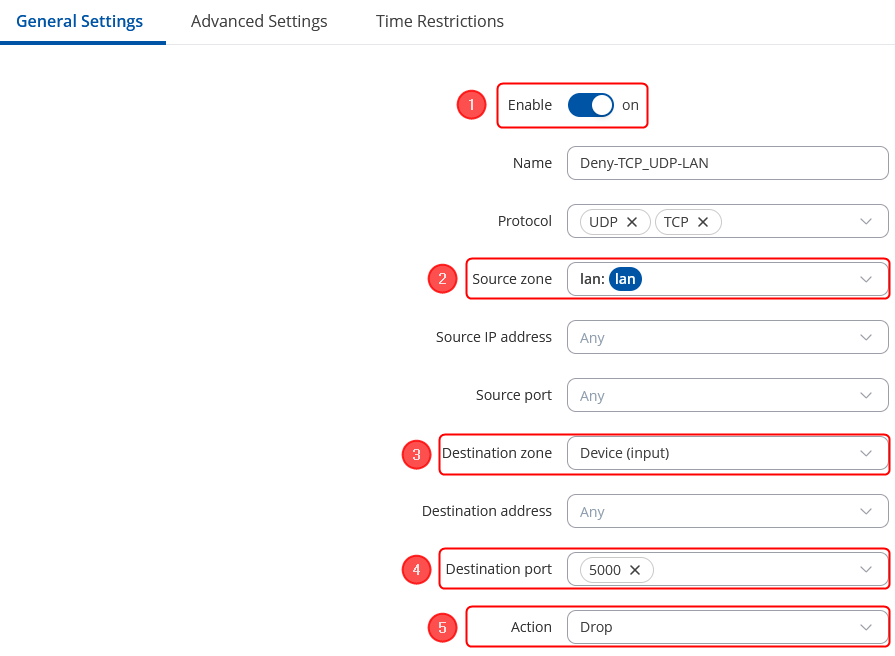 Firewall traffic rule to deny single port for LAN network configuration