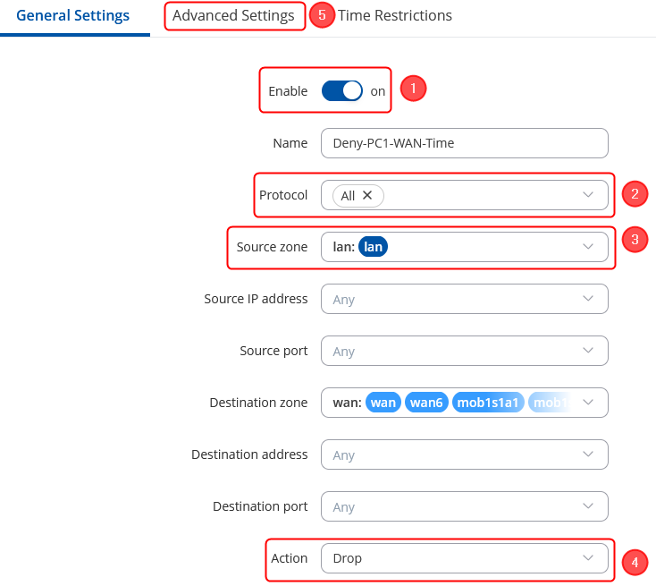 Firewall traffic rule to block host MAC on certain times configuration