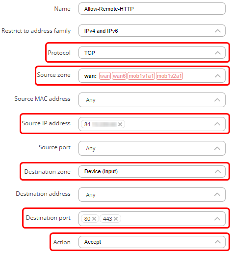 Firewall traffic rule to allow web access from WAN configuration