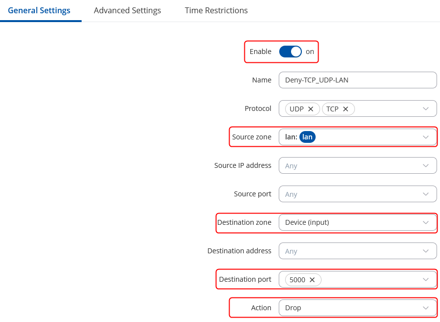 Firewall traffic rule to deny single port for LAN network configuration