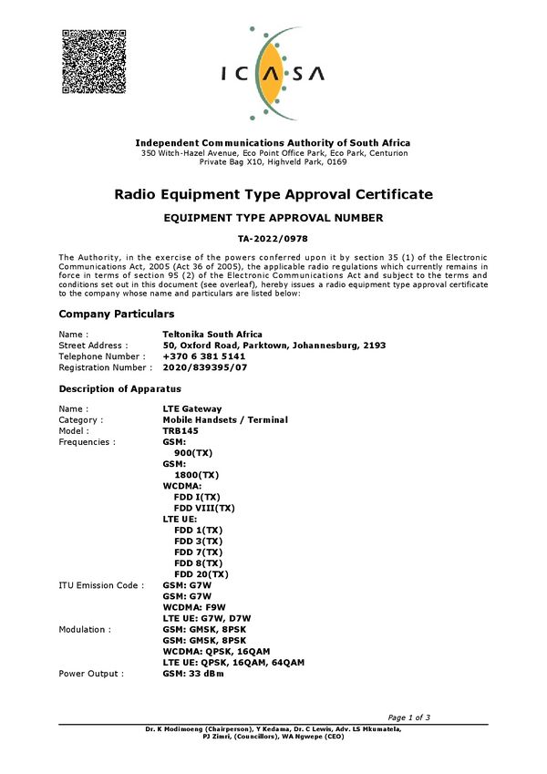 TRB145 ICASA Teltonika Networks Wiki