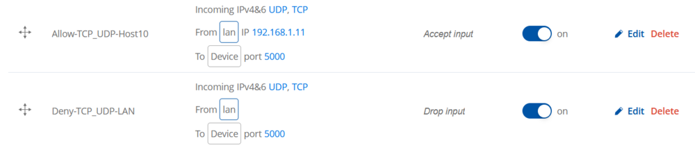 Firewall two traffic rules to allow only a single host on one port enabled