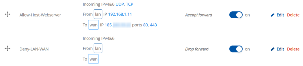 Firewall two traffic rules to allow only a single host to access web server enabled